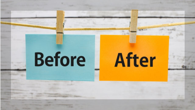 BeforeとAfterと書かれた2枚のカードがロープに洗濯バサミで吊るされている