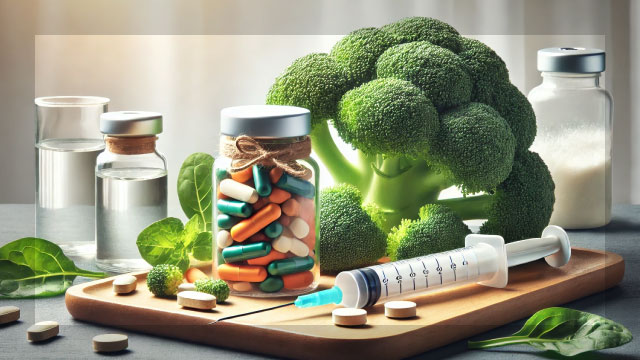 グルタチオンを摂取する方法として、食品・サプリ・注射を並べて比較している