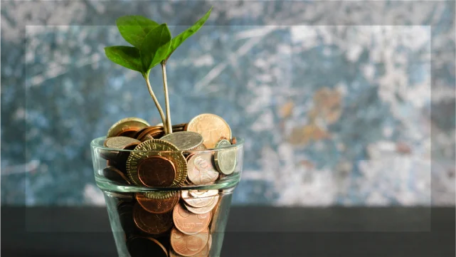 コスパや料金を象徴する小銭と植物の入ったガラス容器