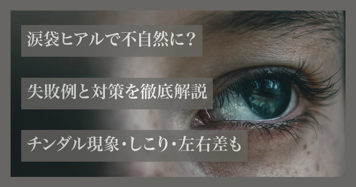 涙袋ヒアルロン酸で不自然になった目元の写真。チンダル現象・しこり・左右差など失敗リスクを伝える美容医療解説記事のアイキャッチ。